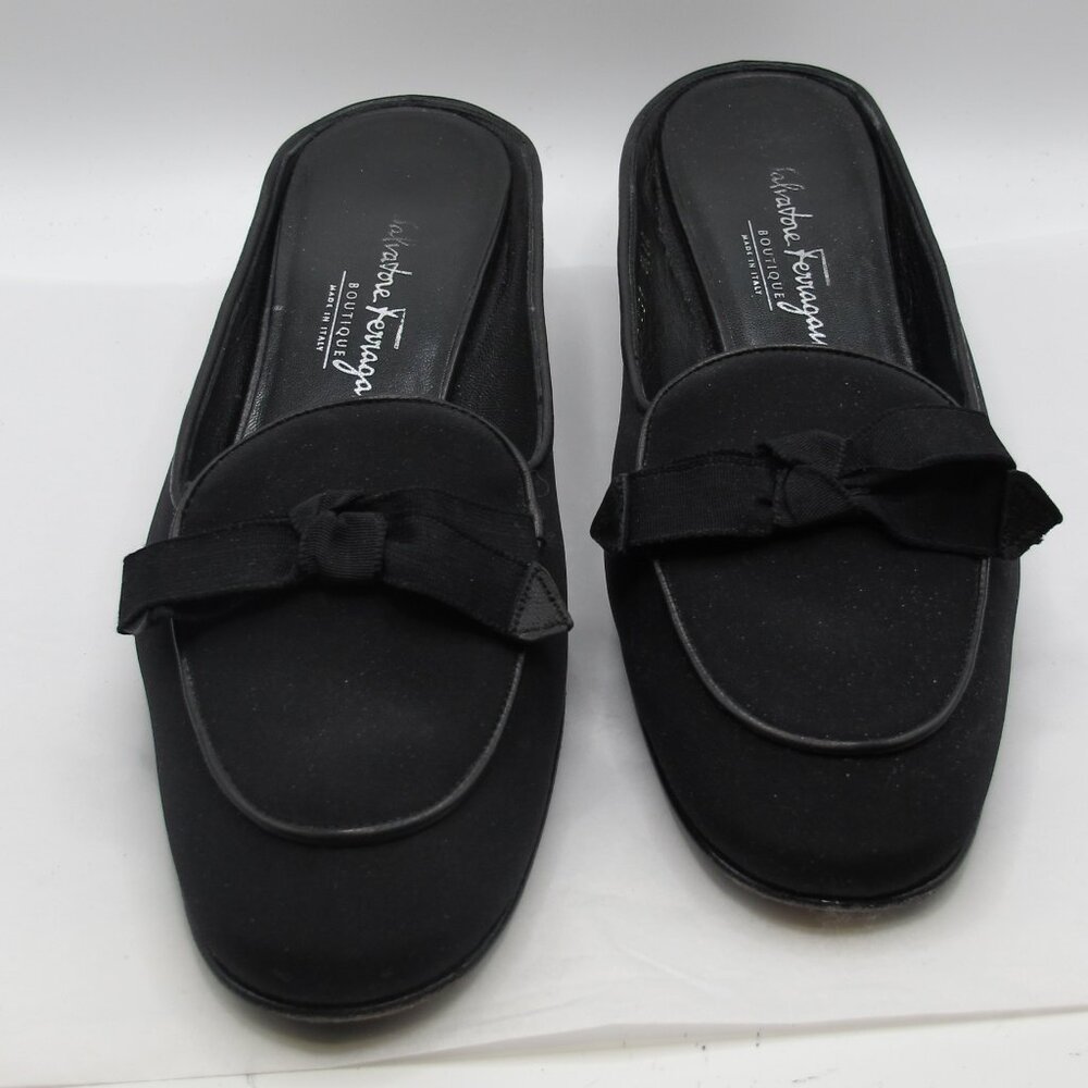 Salvatore Ferragamo black fabric slide, patent leather heel, bow detail in 8.5AA